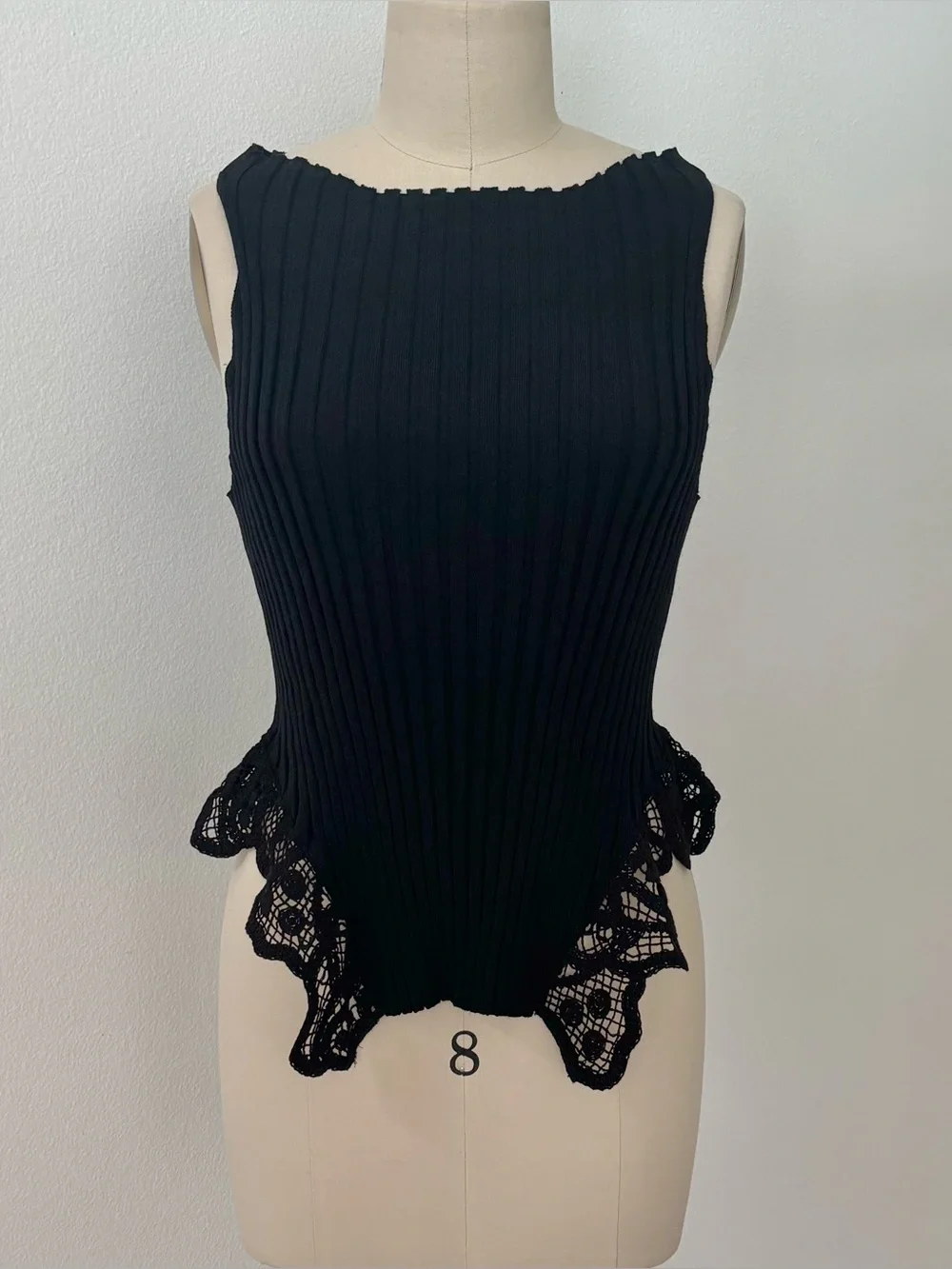 Zara Ribbed Knit Sweater Tank NWT Black Lace Peplum Boat Neck Romantic M